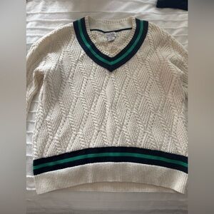 Nicole Miller Cream V-Neck Sweater with Green and Black Accents